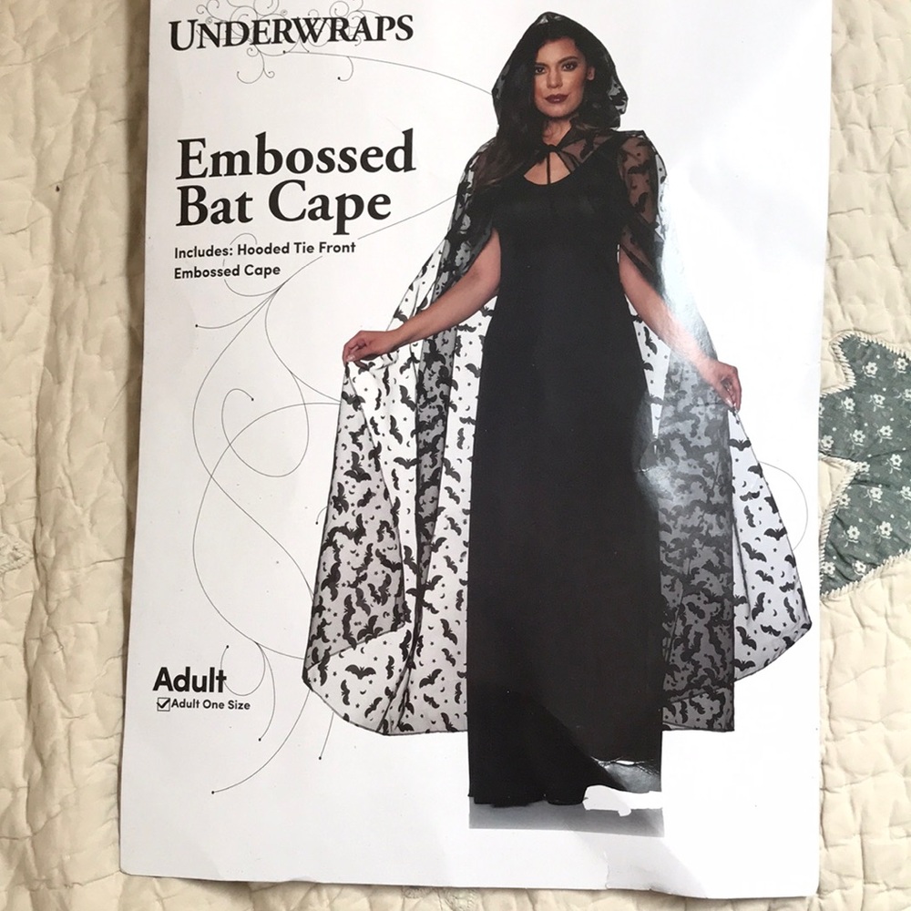 NWT Embossed bat cape sheer black chiffon w velvet flocked bats stars and moons